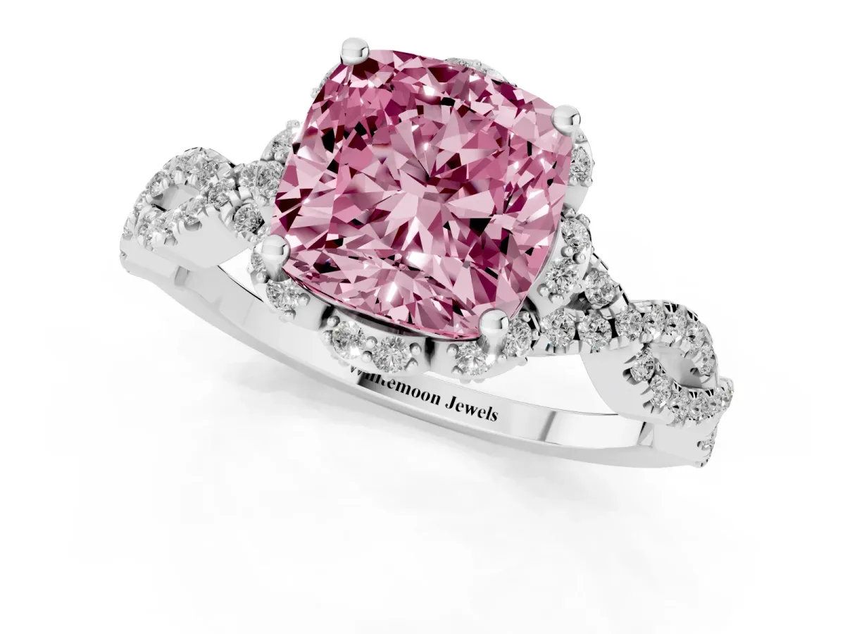 Fancy Pink Cushion Cut Halo Twist Band Solitaire Ring with Six-Prong Setting White gold