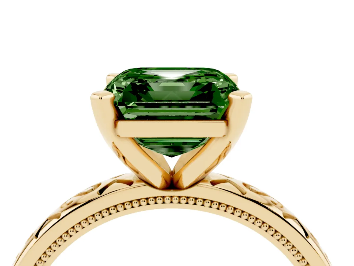 Fancy Green Asscher Cut Solitaire Engagement Ring with Scrollwork Band and Four-Prong Setting Yellow gold