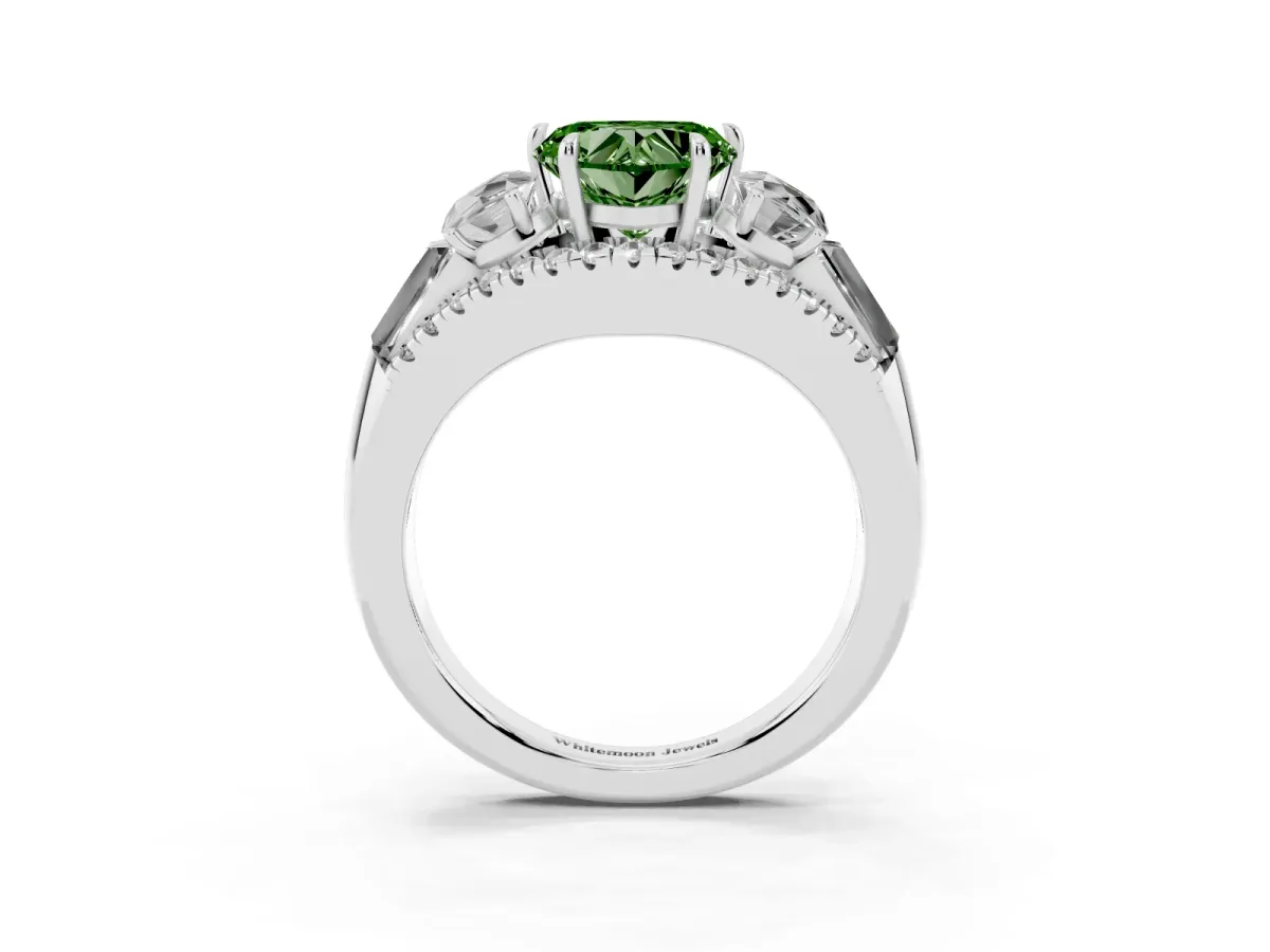 Fancy Green Three-Stone Heart Cut Diamond Engagement Ring with Pave Band and Prong Setting Silver