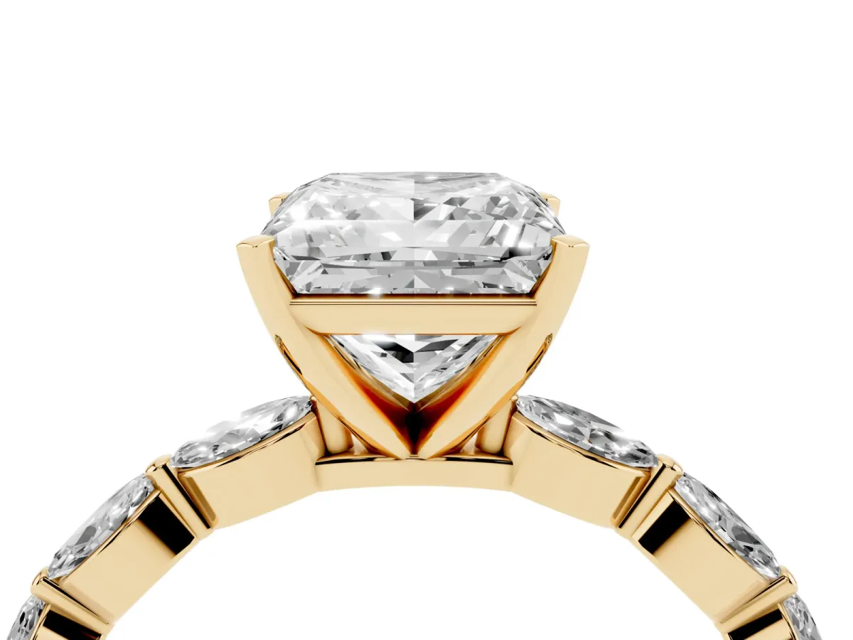 Princess Cut Diamond Ring with Marquise Side Stones and Prong Setting Yellow gold
