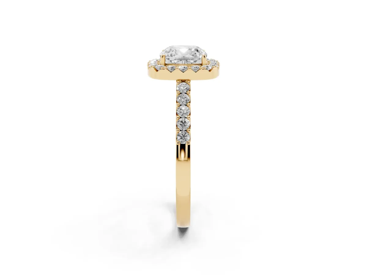 Cushion Cut Halo Diamond Pavé Solitaire Ring Yellow gold