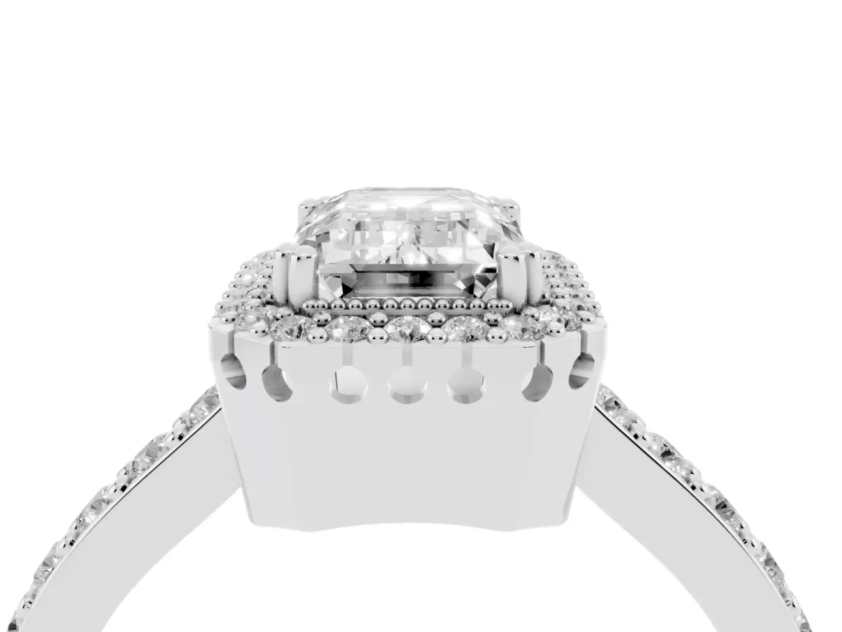 Emerald Cut Cut Diamond Halo Engagement Ring with Milgrain Detail and Pavé Band Silver
