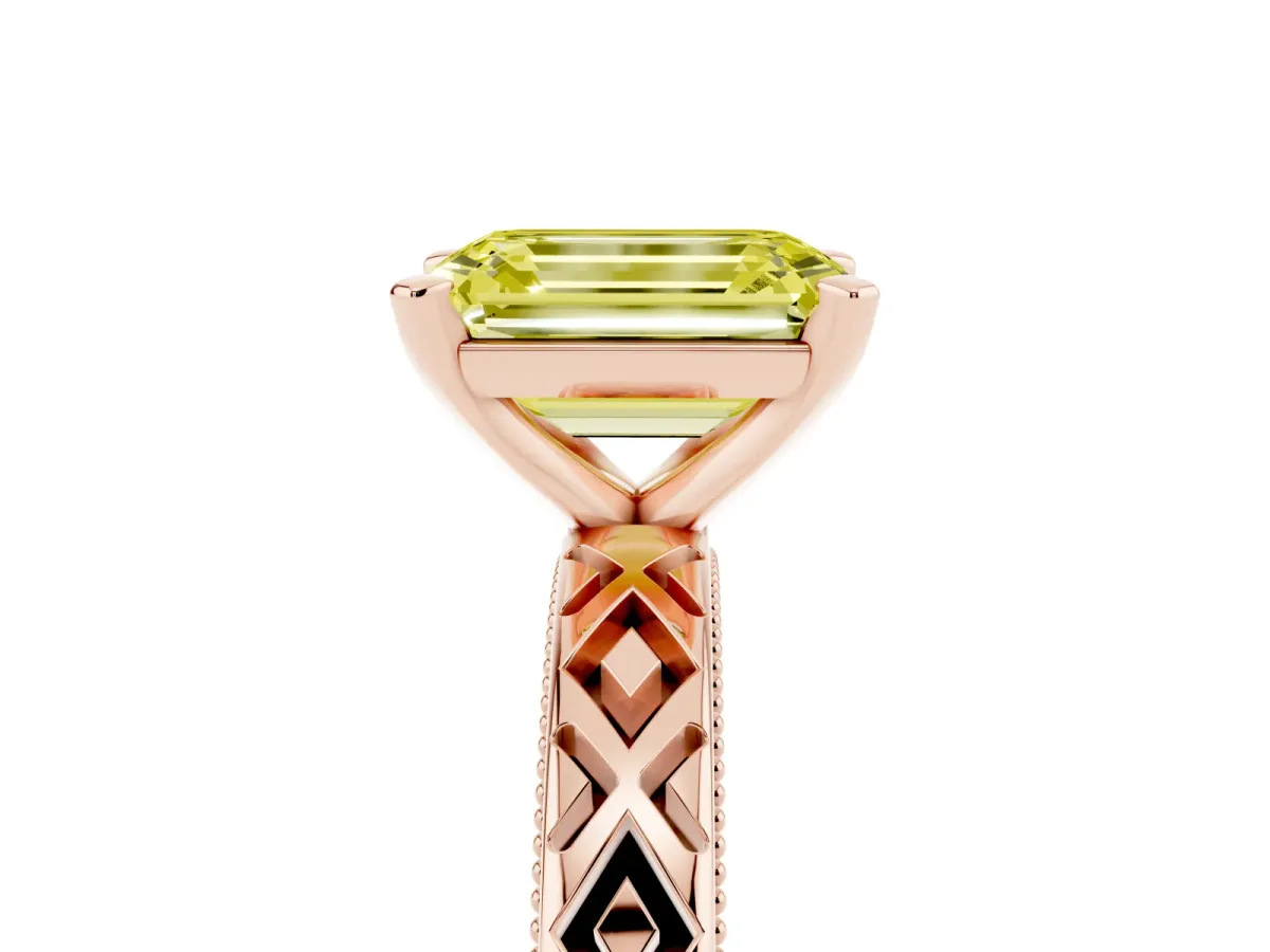 Fancy Yellow Emerald Cut Solitaire Diamond Ring with Milgrain and Black Enamel X Pattern Band Rose gold