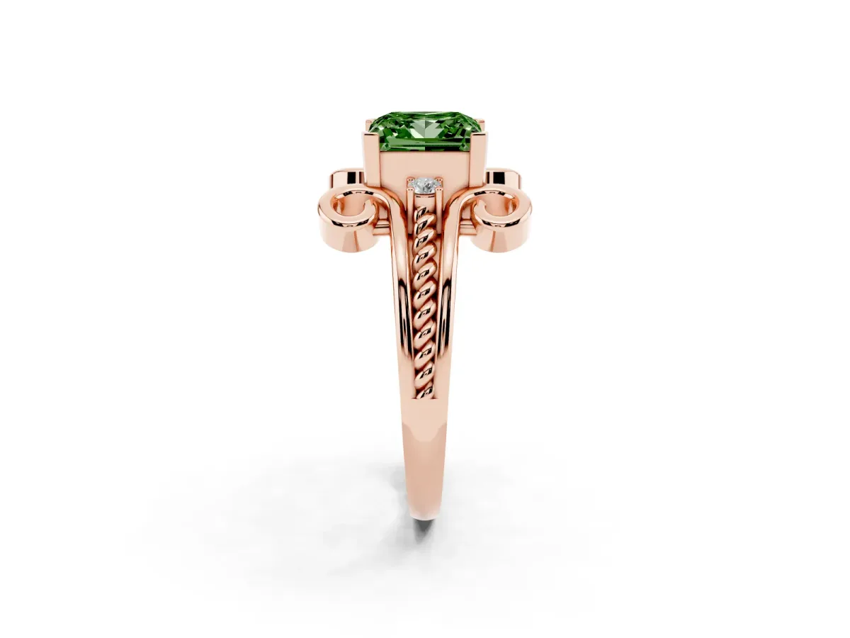 Fancy Green Princess Cut Solitaire Twisted Band Scroll Prong Ring Rose gold