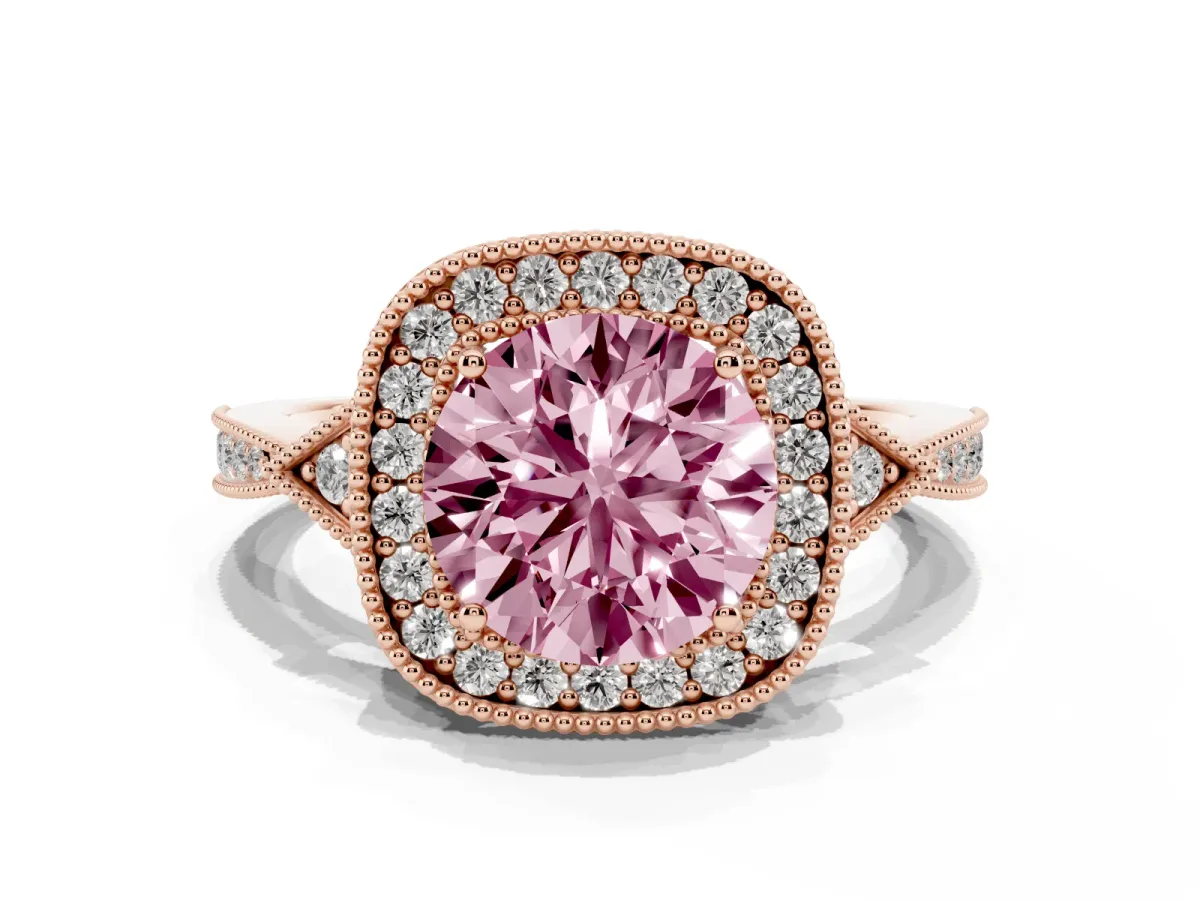 Fancy Pink Round Cut Halo Round Diamond Milgrain Pave Engagement Ring Rose gold