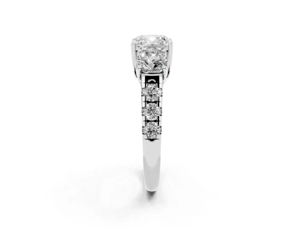 Three-Stone Cushion Cut Diamond Pavé Band with Prong Setting Platinum