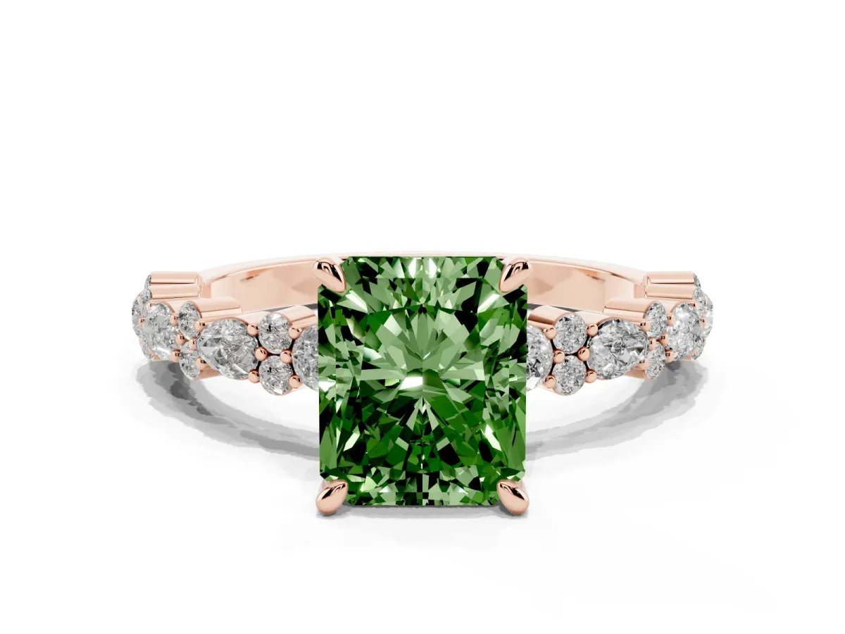 Fancy Green Radiant Cut Diamond Side Stone Solitaire Ring with Round and Four-Prong Setting Rose gold