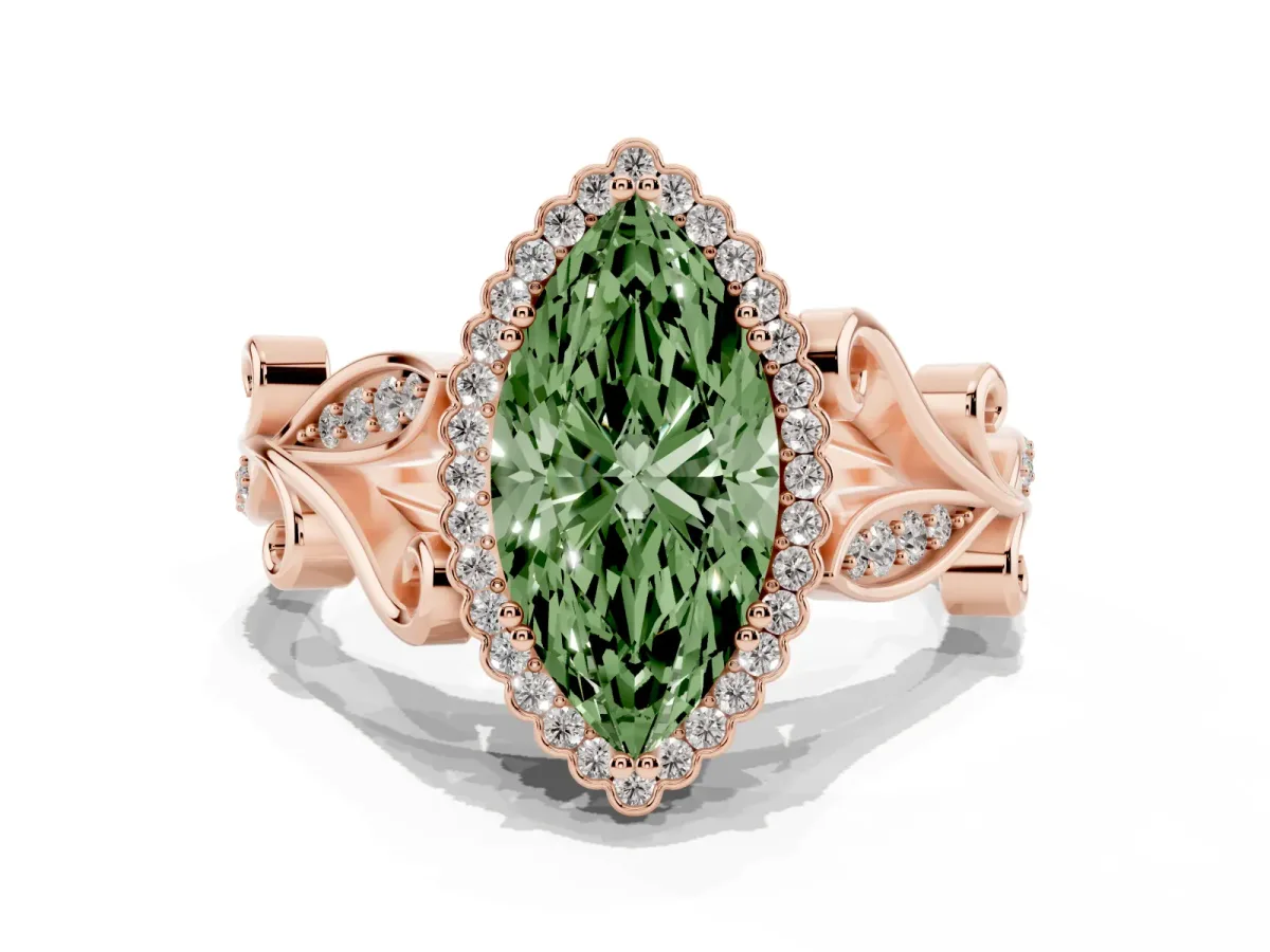 Fancy Green Marquise Cut Diamond Halo Ring with Vintage Split Shank and Four-Prong Setting Rose gold