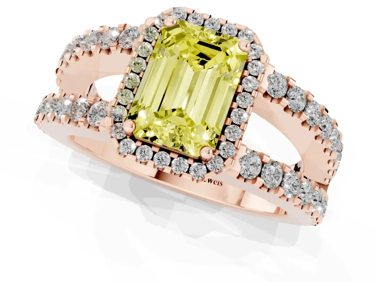 Fancy Yellow Emerald Cut Cut Halo Split Shank Diamond Ring with Four-Prong Setting Rose gold