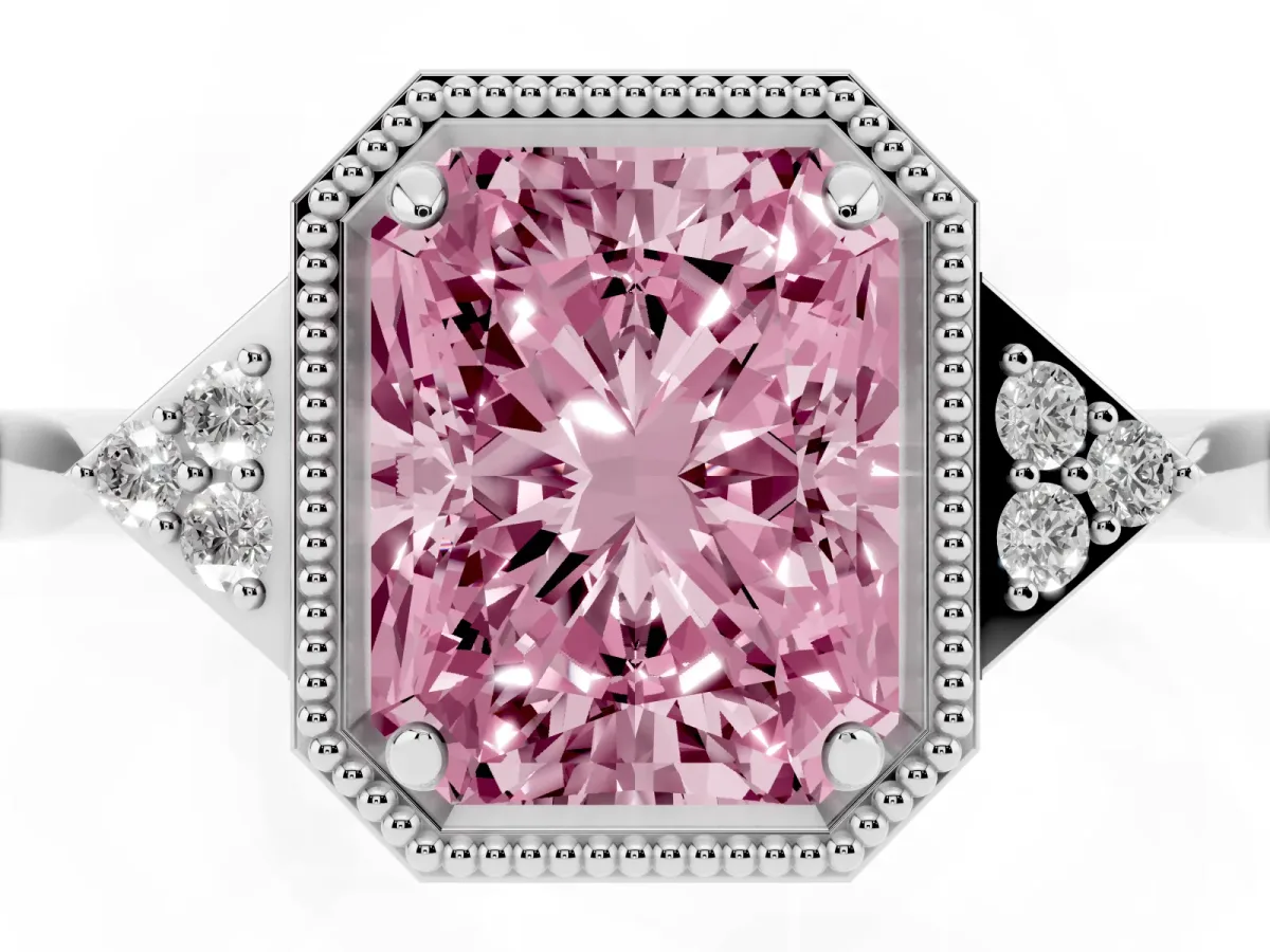 Fancy Pink Hexagonal Halo Radiant Cut Diamond Solitaire with Pavé Band and Four-Prong Setting White gold