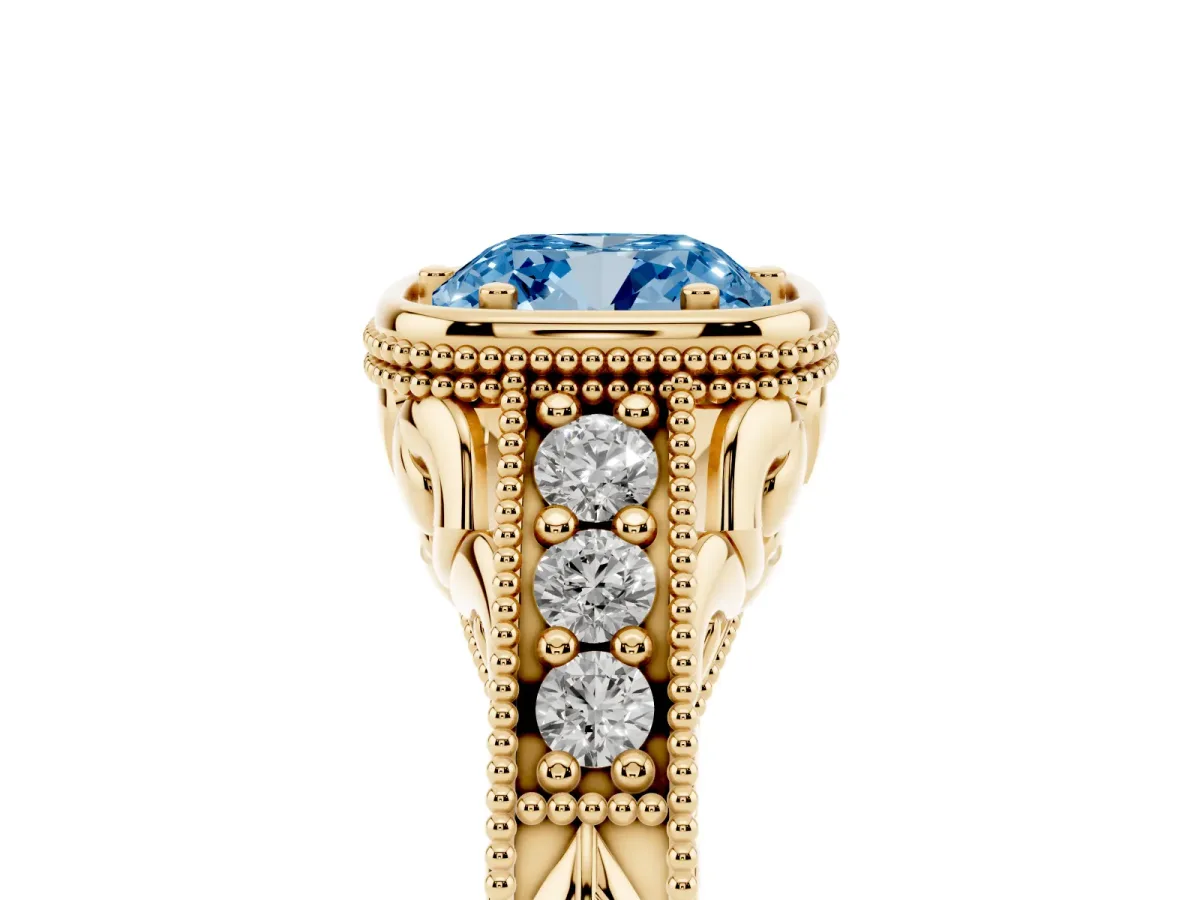 Fancy Blue Bezel Set Cushion Cut Diamond Milgrain Pave Engagement Ring Yellow gold