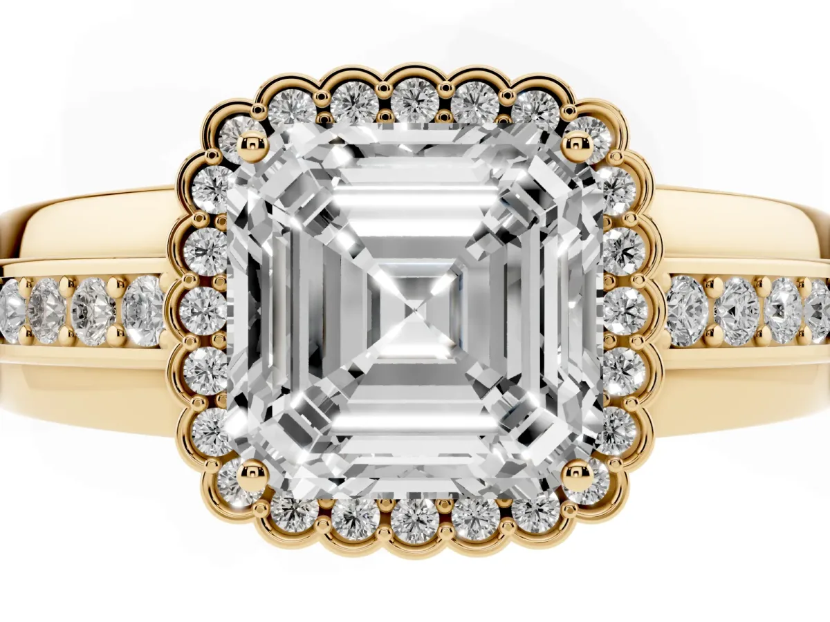 Asscher Cut Cut Halo Pave Band Four-Prong Ring Yellow gold