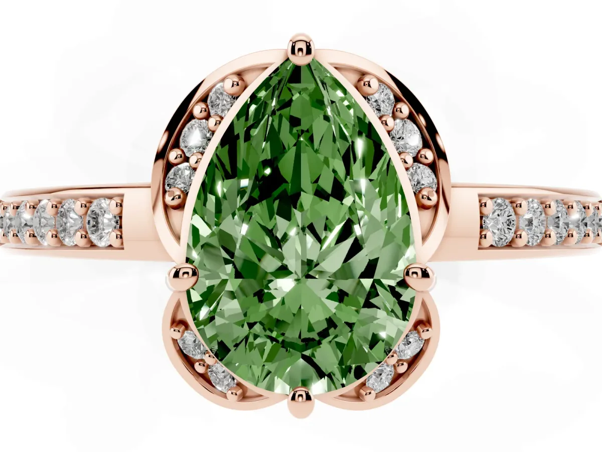 Fancy Green Pear Cut Cut Halo Diamond Ring with Channel Set Band and Four-Prong Setting Rose gold