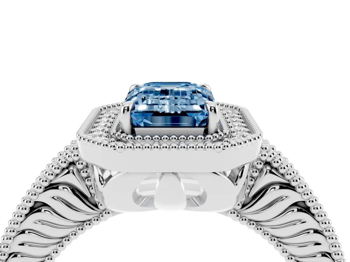 Fancy Blue Emerald Cut Cut Halo Diamond Ring with Pavé Band and Four-Prong Setting White gold