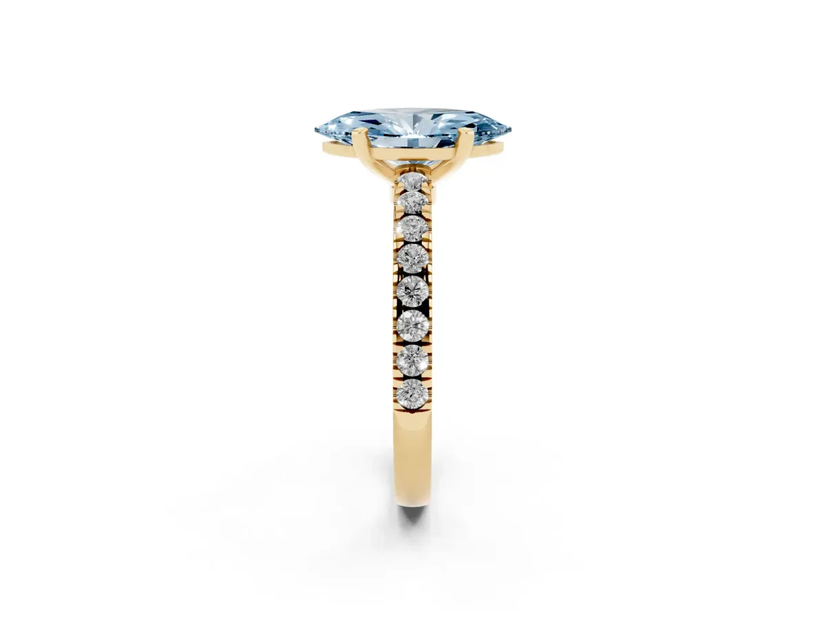 Fancy Blue Marquise Cut Solitaire Diamond with Pavé Band and Four-Prong Setting Yellow gold