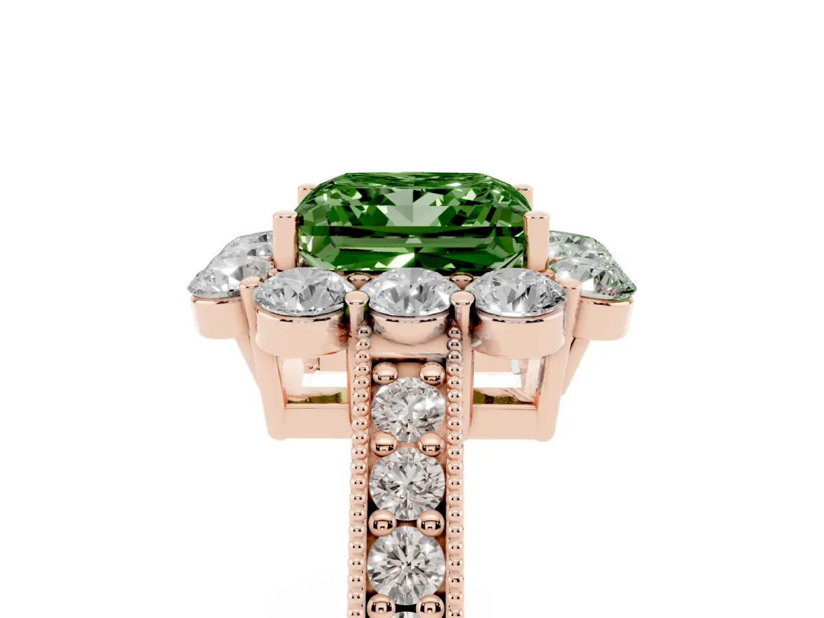 Fancy Green Princess Cut Cut Halo Diamond Pavé Engagement Ring with Milgrain Detailing Rose gold
