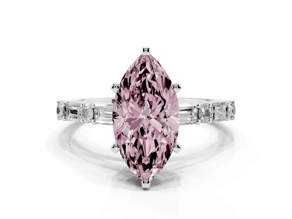 Fancy Pink Marquise Cut Diamond Solitaire with Side Baguettes and Channel Set Band Platinum