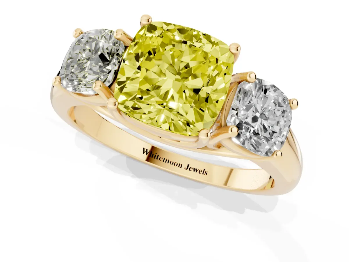 Fancy Yellow Three-Stone Cushion Cut Diamond Engagement Ring with Prong Setting Yellow gold