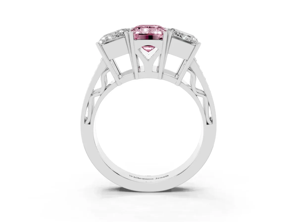 Fancy Pink Emerald Cut Diamond Three-Stone Ring with Prong Setting and Textured Band Silver