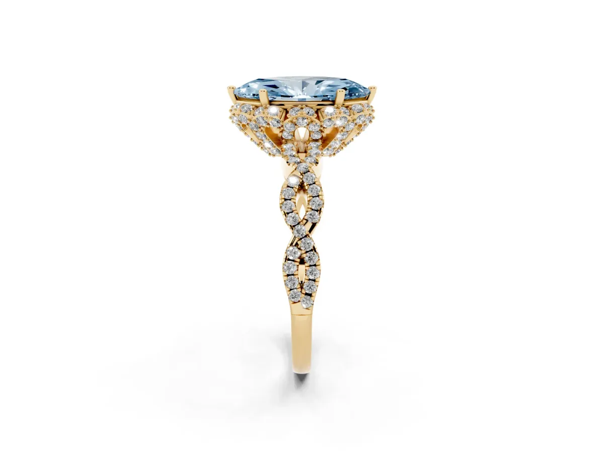 Fancy Blue Marquise Cut Halo Twist Band Solitaire Ring with Six-Prong Setting Yellow gold