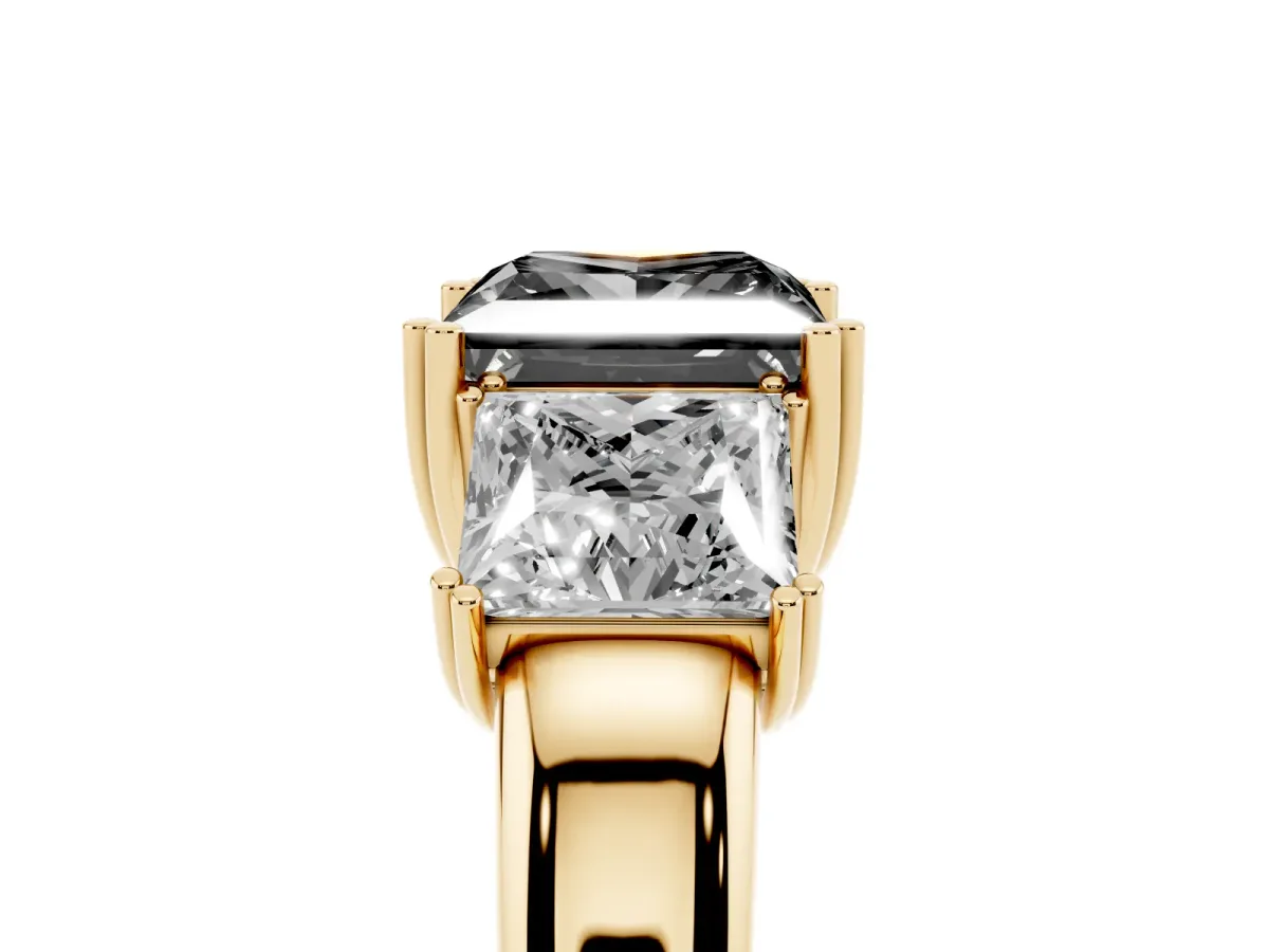Fancy Black Three-Stone Princess Cut Cut Diamond Ring with Channel Set Band and Four-Prong Setting Yellow gold