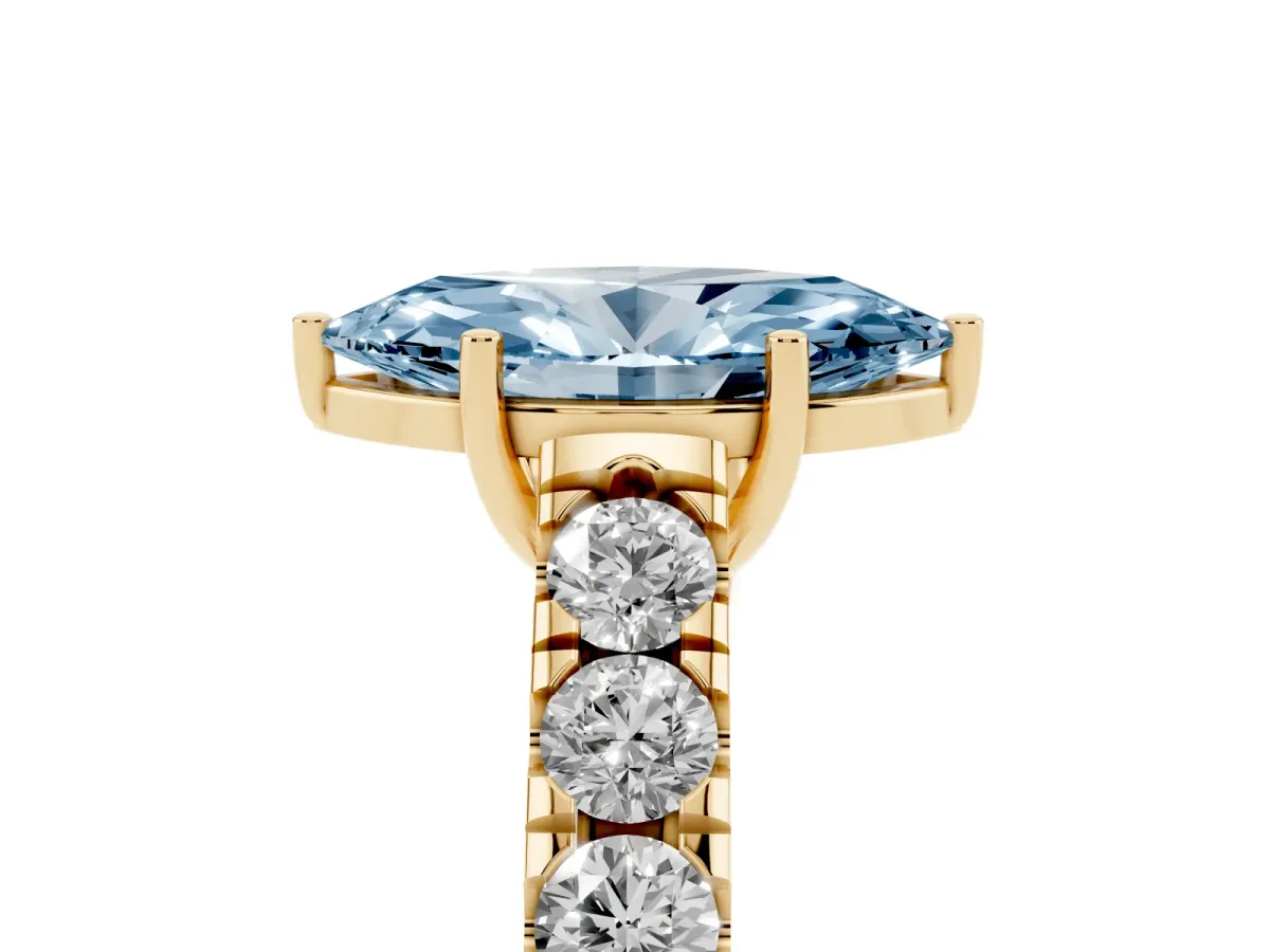 Fancy Blue Marquise Cut Cut Diamond Solitaire Ring with Micro Pave Band and Prong Setting Yellow gold