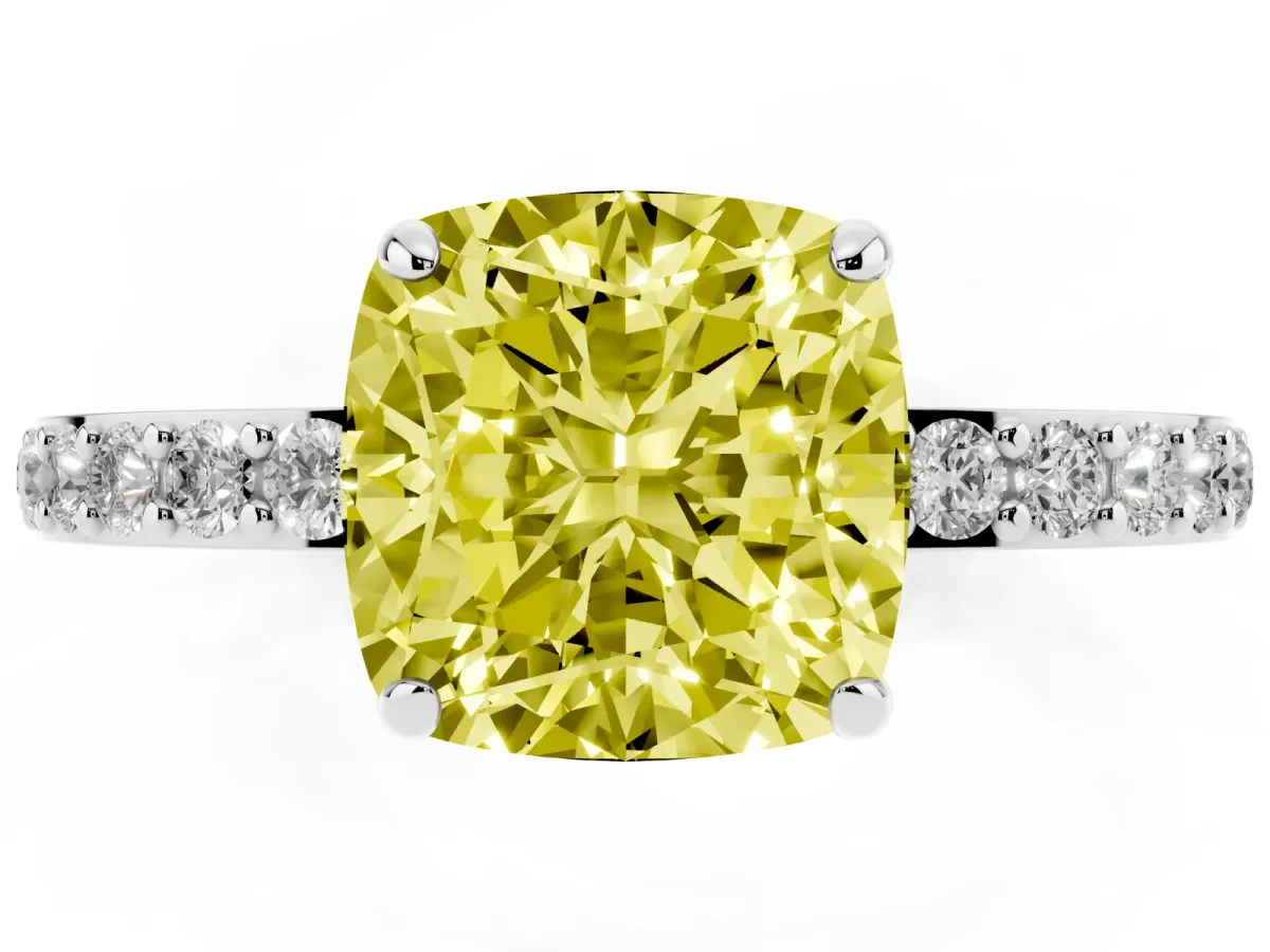 Fancy Yellow Cushion Cut Diamond Pavé Engagement Ring with Round Accents and Prong Setting Silver
