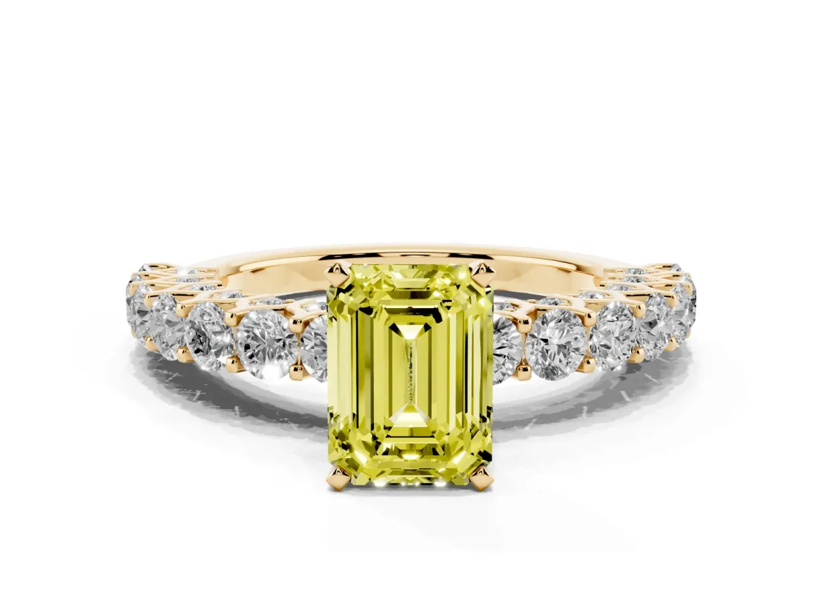 Fancy Yellow Emerald Cut Diamond Solitaire Ring with Shared Prong Pavé Band and Four-Prong Setting Yellow gold