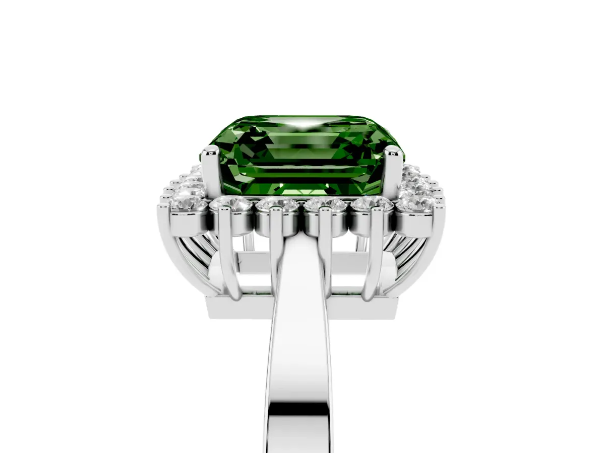 Fancy Green Asscher Cut Cut Diamond Halo Ring with Round Brilliant Halo and Solitaire Band Silver