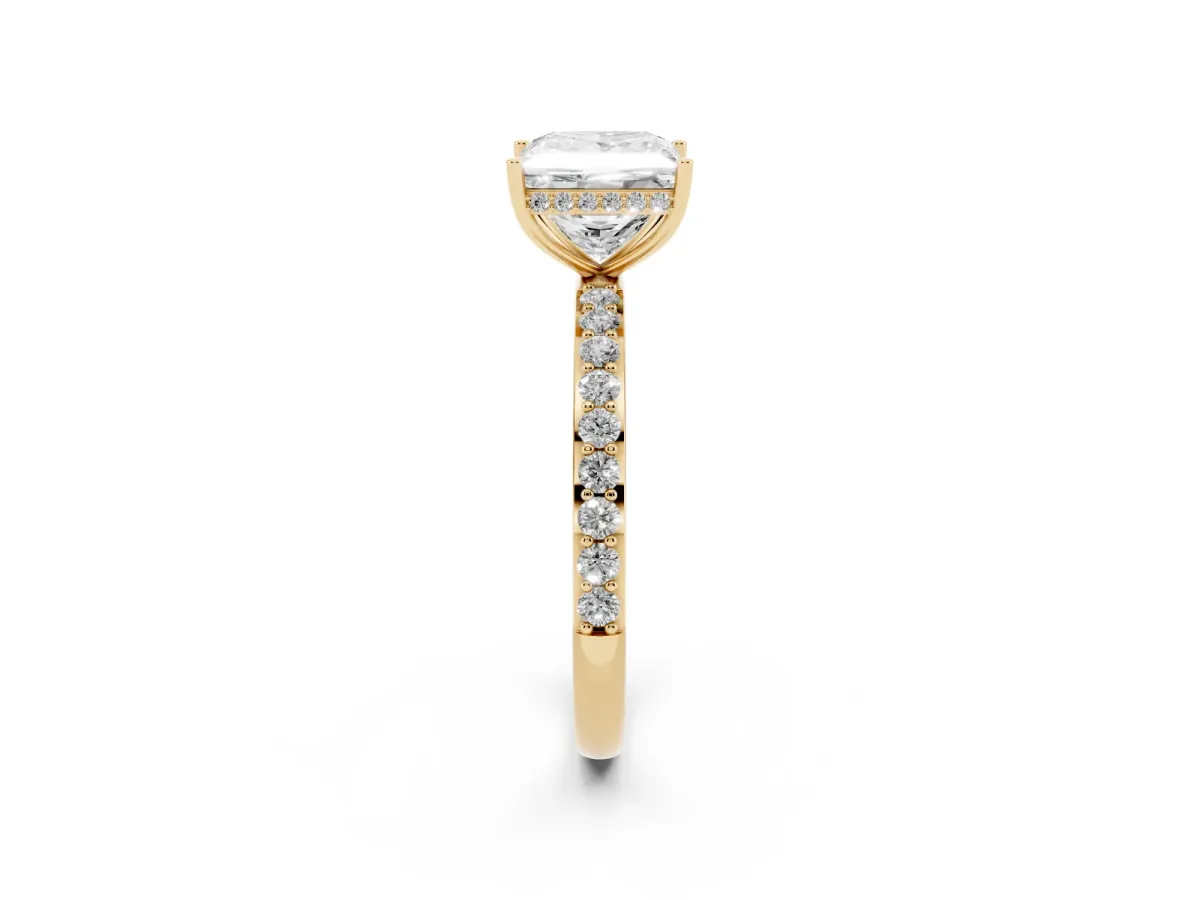 Princess Cut Diamond Solitaire Ring with Pavé Band and Hidden Halo Yellow gold
