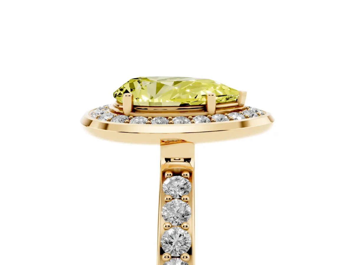 Fancy Yellow Pear Cut Diamond Halo Ring with Bezel Frame and Pavé Band Yellow gold