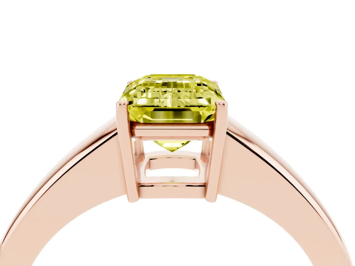 Fancy Yellow Emerald Cut Solitaire Diamond Ring with Tapered Band and Four-Prong Setting Rose gold
