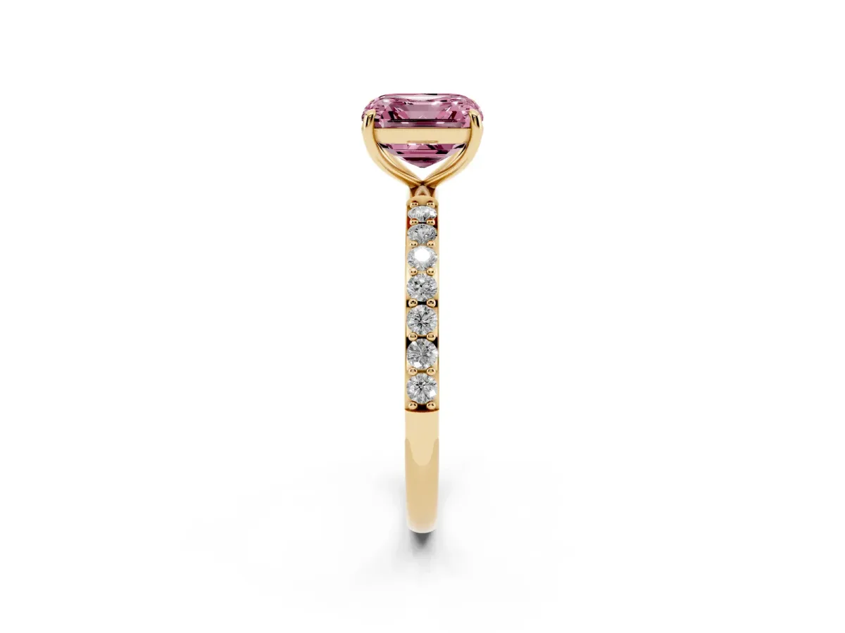 Fancy Pink Asscher Cut Diamond Solitaire Ring with Round Pavé Shoulders and Prong Setting Yellow gold