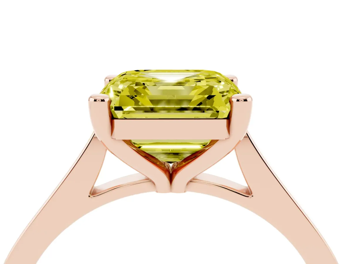 Fancy Yellow Asscher Cut Solitaire Diamond Ring with Four-Prong Setting and Tapered Band Rose gold