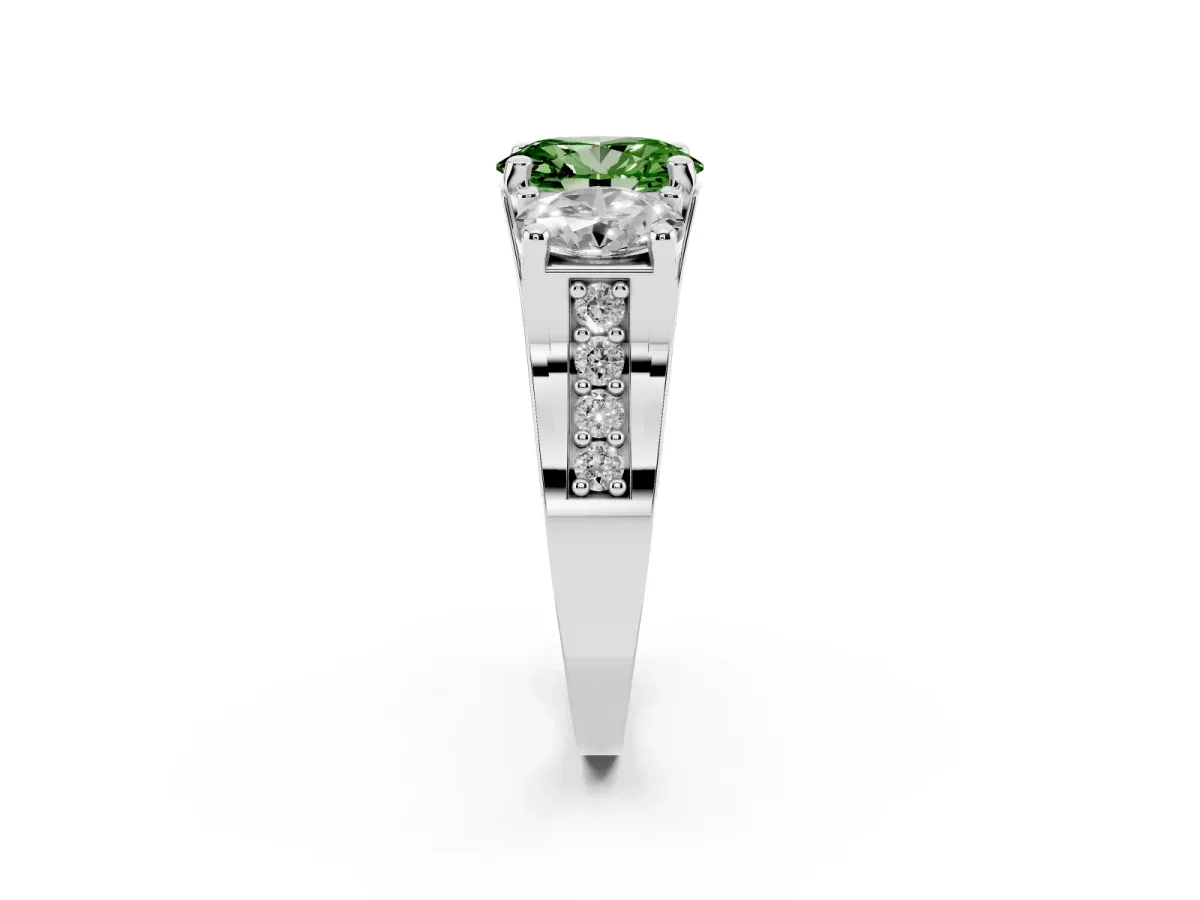 Fancy Green Oval Cut Diamond Three-Stone Ring with Channel Set Band and Four-Prong Setting Silver