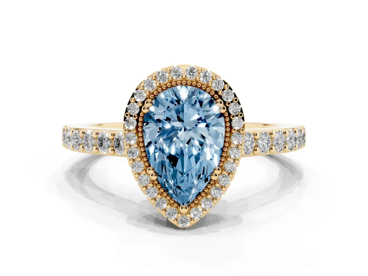 Fancy Blue Pear Cut Cut Diamond Halo Engagement Ring with Milgrain Detail and Pavé Band Yellow gold