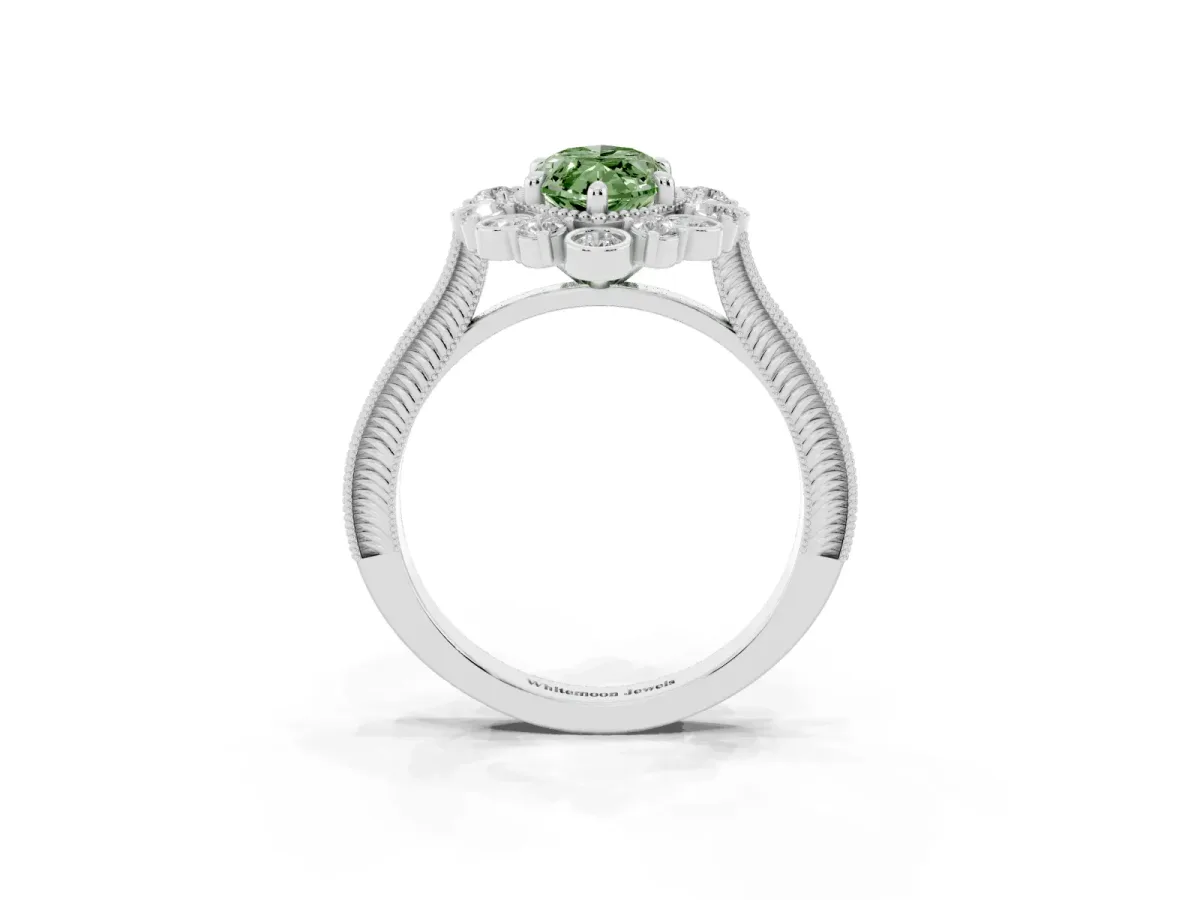Fancy Green Marquise Cut Halo Milgrain Pave Diamond Ring with Four-Prong Setting White gold