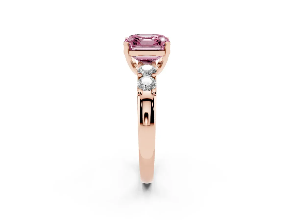 Fancy Pink Asscher Cut Brilliant Cut Diamond Five-Stone Prong Set Engagement Ring with Channel Band Rose gold