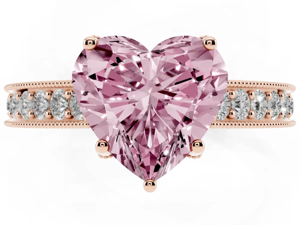 Fancy Pink Heart Cut Cut Diamond Solitaire Ring with Milgrain Pave Band and Four Prong Setting Rose gold