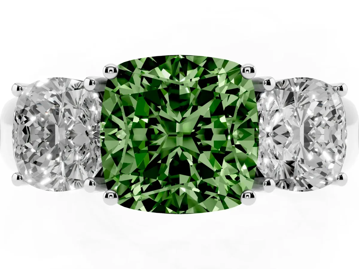 Fancy Green Three-Stone Cushion Cut Cut Diamond Ring with Prong Setting and Classic Band Silver