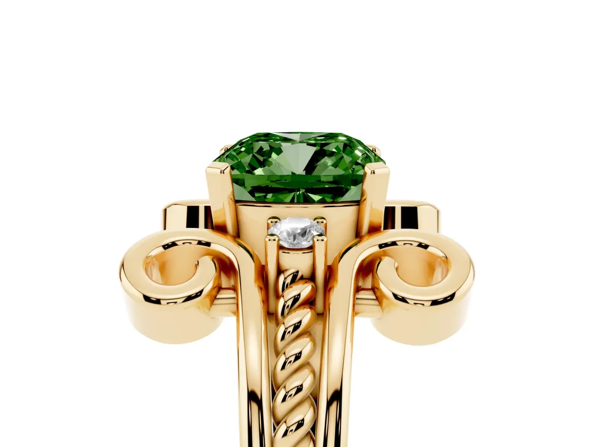 Fancy Green Cushion Cut Solitaire Twisted Band Scroll Prong Ring Yellow gold