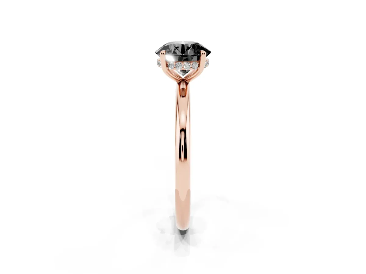 Fancy Black Round Cut Diamond Solitaire Ring with Thin Band and Four-Prong Setting Rose gold