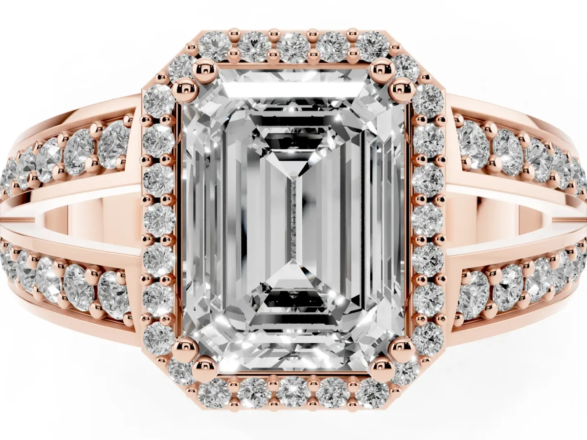 Emerald Cut Diamond Halo Ring with Split Shank Pavé Band and Four-Prong Setting Rose gold