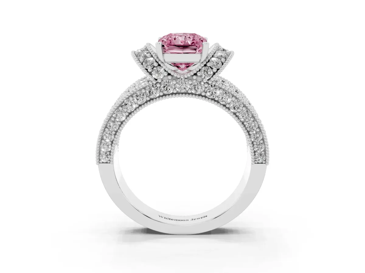Fancy Pink Radiant Cut Halo Pave Diamond Engagement Ring with Milgrain Detailing White gold