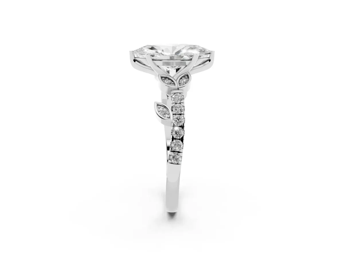 Marquise Cut Solitaire Leaf-Inspired Diamond Ring with Pavé Band and Four-Prong Setting Silver