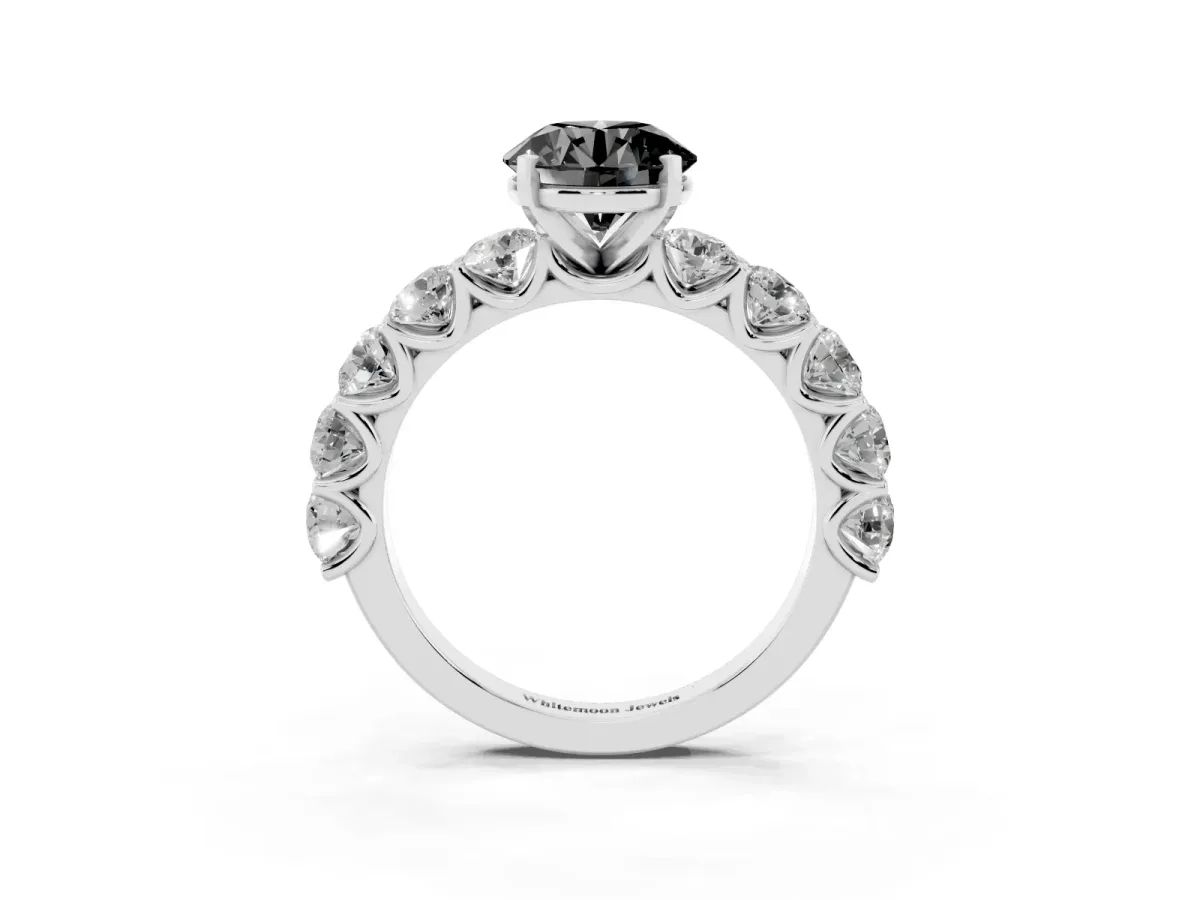 Fancy Black Round Cut Diamond Prong Setting with Side Stones on a Pave Band Silver
