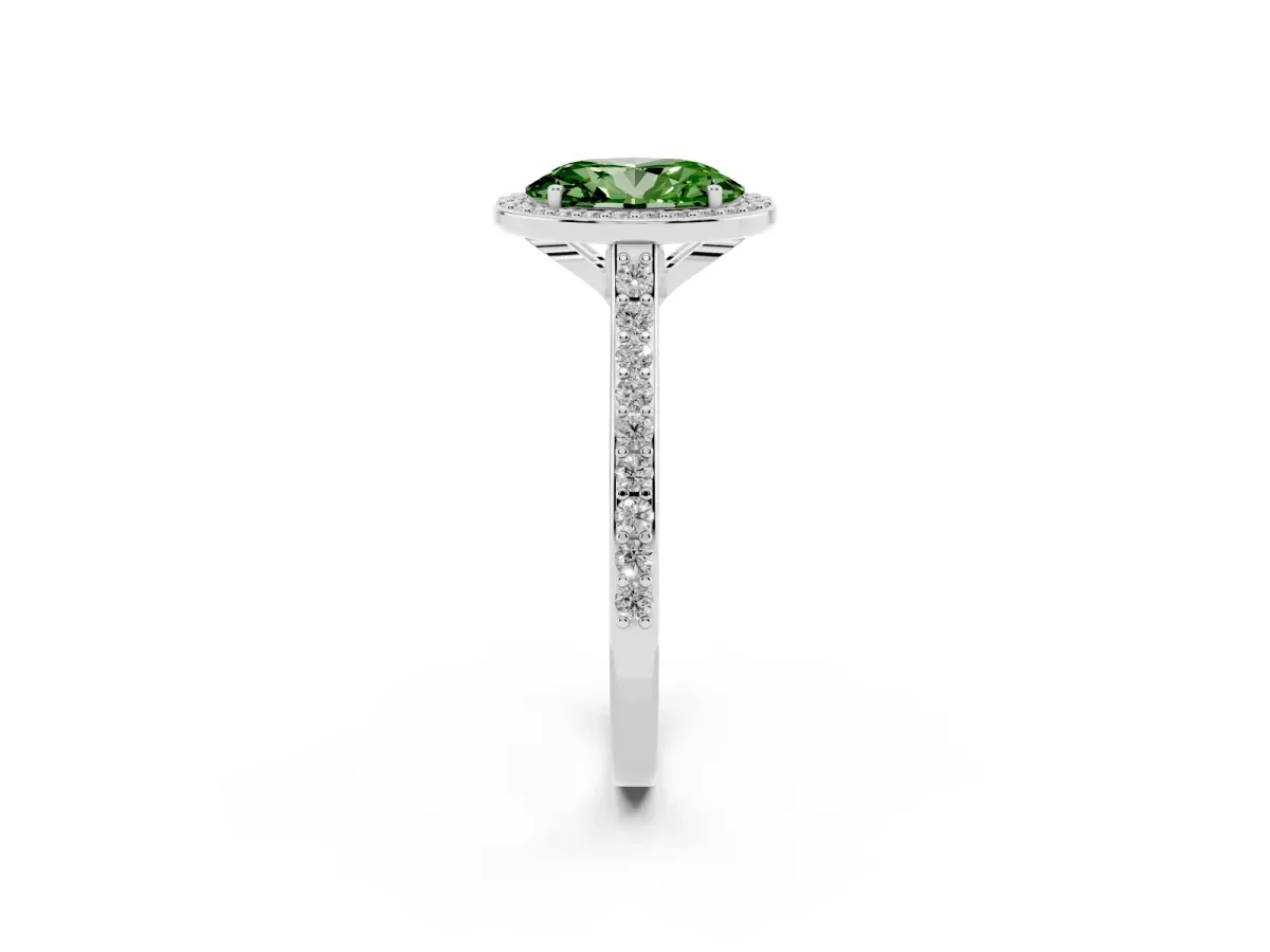 Fancy Green Oval Cut Diamond Halo Engagement Ring with Round Pavé Shoulders and Prong Setting Silver