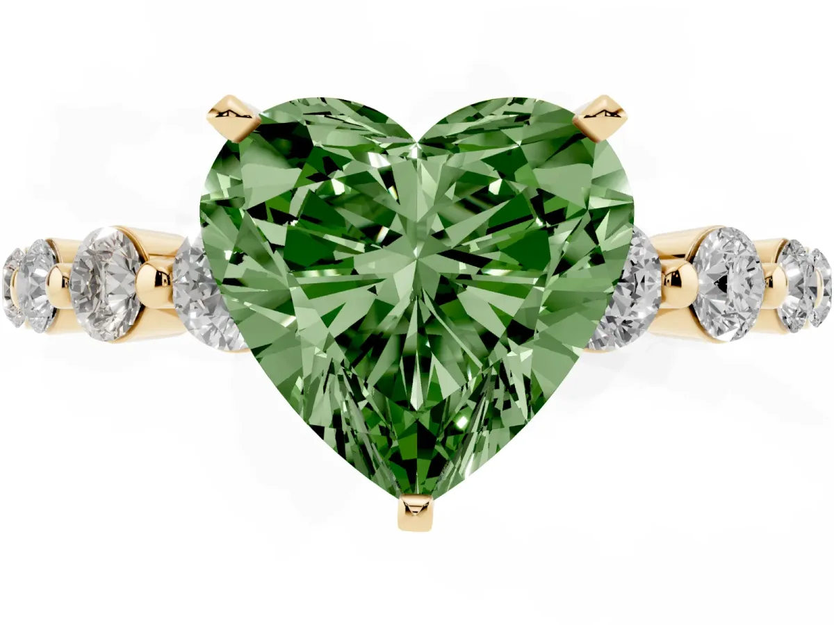 Fancy Green Heart Cut Solitaire Diamond Ring with Pave Band and Four-Prong Setting Yellow gold