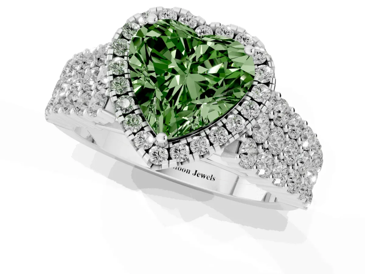 Fancy Green Heart Cut Diamond Halo Engagement Ring with Triple Row Round Pavé Band and Prong Setting Silver