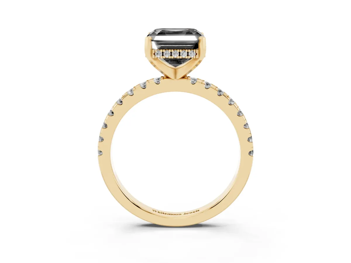 Fancy Black Asscher Cut Diamond Solitaire Ring with Round Pavé Band and Four-Prong Setting Yellow gold